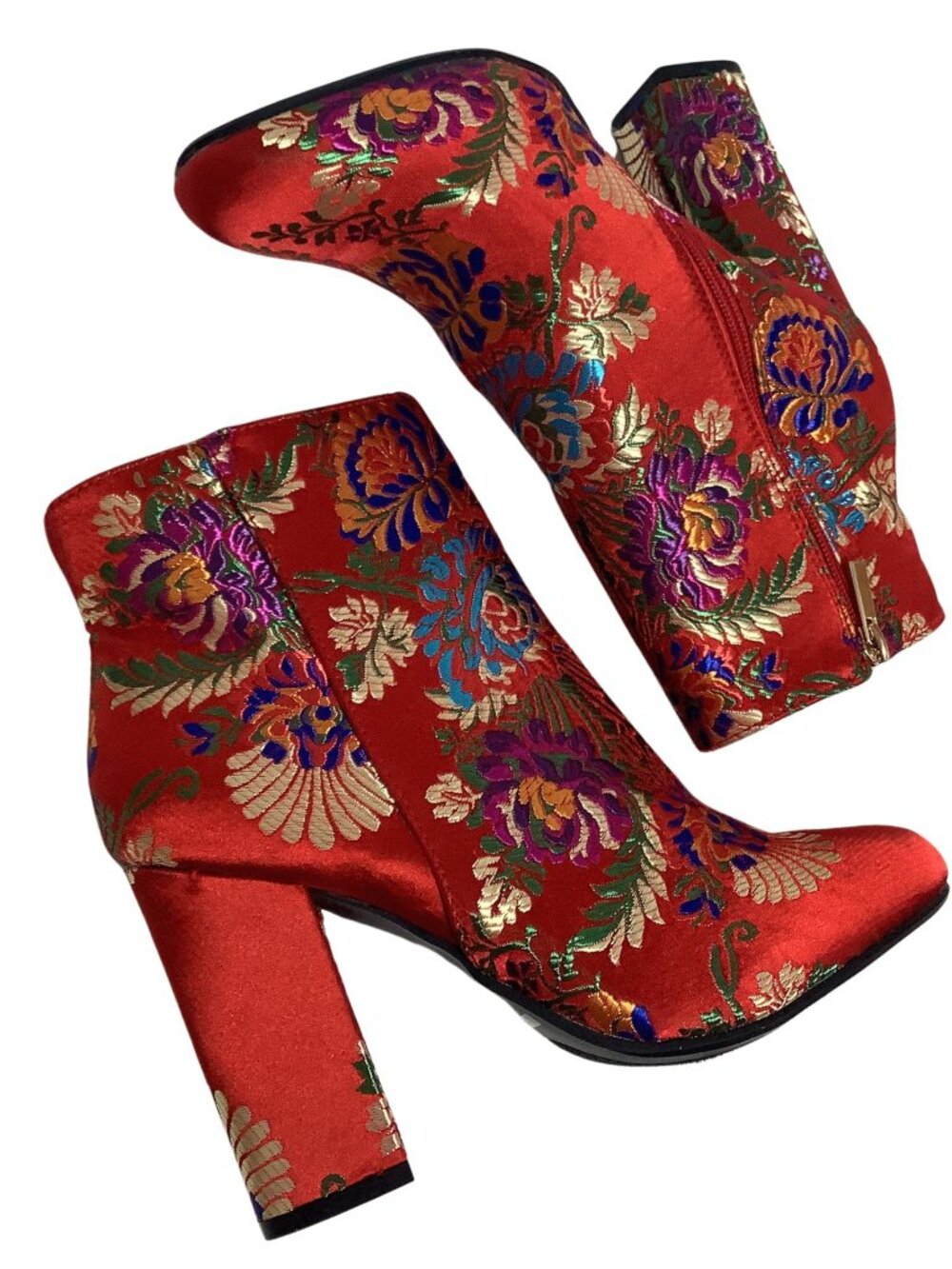 Bamboo Chinoiserie Red Brocade Ankle Boots Women's-9